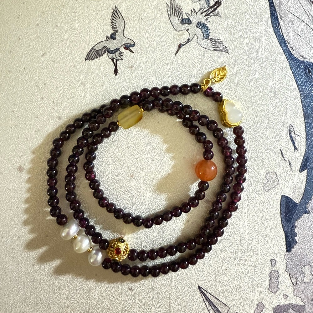Elegant Claret Beaded Granet Bracelet/Necklace with Gold Accents